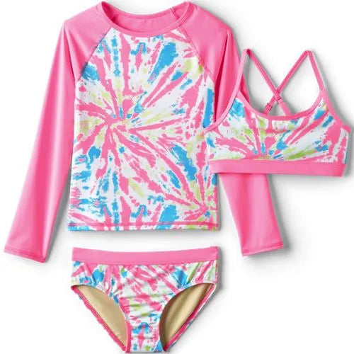Girls Plus Chlorine Resistant Rash Guard Swim Top Bikini Top and Bottoms UPF 50 Swimsuit Set