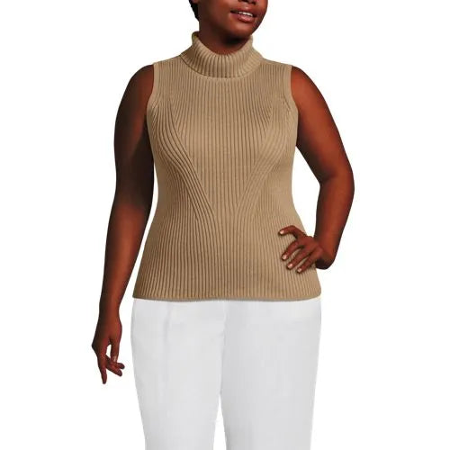 Women's Plus Size Fine Gauge Cotton Turtleneck Tank Sweater