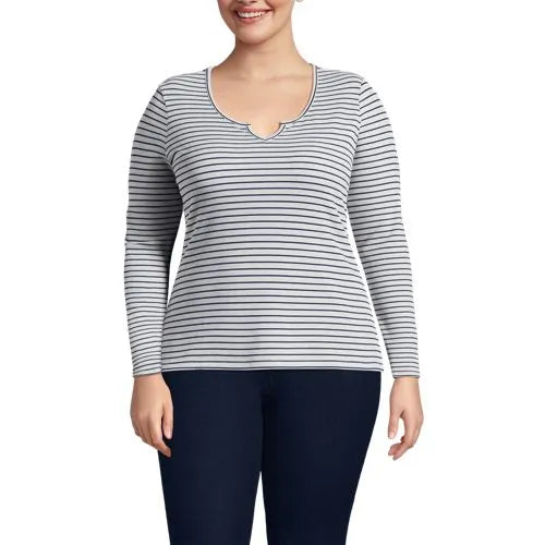 Women's Plus Size Lightweight Waffle Long Sleeve Notch Neck T-Shirt