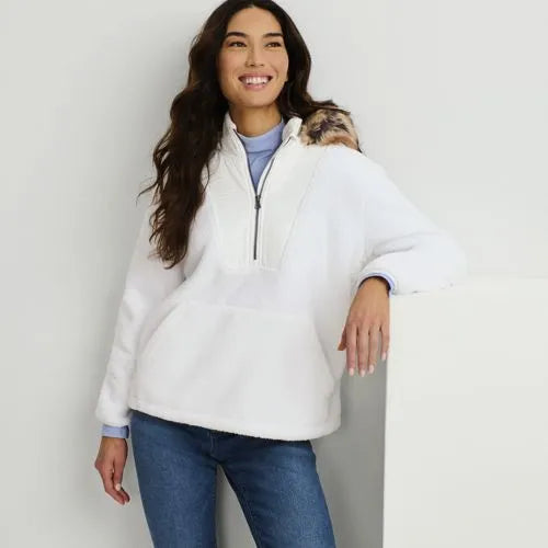 Women's Hooded Half Zip Faux Fur Sherpa Fleece Pullover