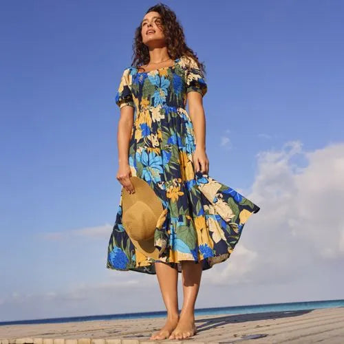 Women's Smocked Cotton Dobby Midi Puff Sleeve Dress