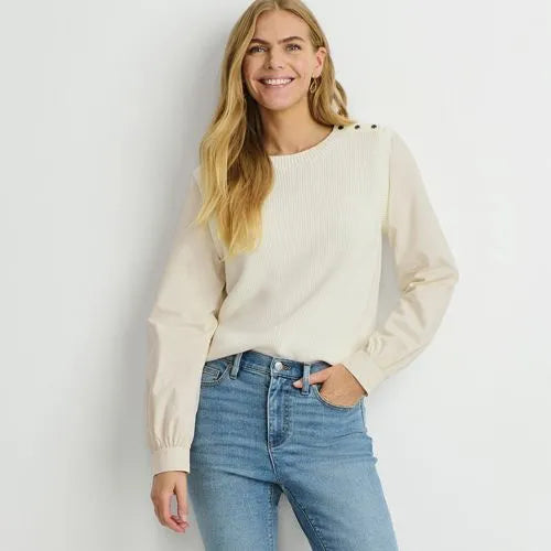 Women's Drifter Shaker Button Shoulder Sweater Vest with Poplin Sleeves