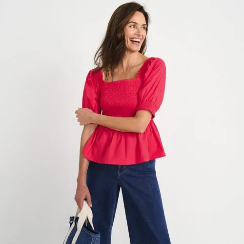Women's Poplin Elbow Sleeve Smocked Top