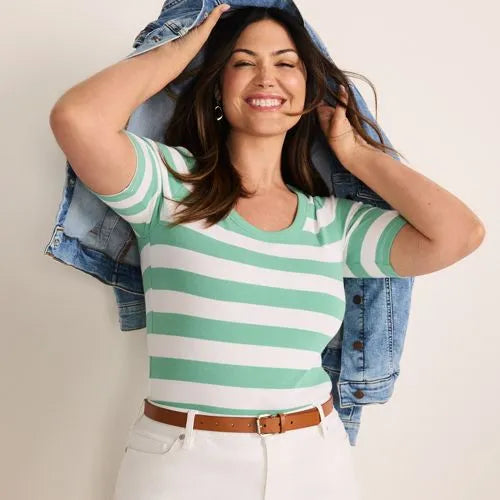 Women's Plus Size Drapey Rib Fitted Elbow Sleeve Scoop Neck Tee