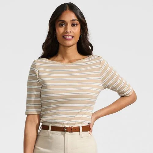 Women's Supima Cotton Elbow Sleeve Boatneck Button Shoulder Tee