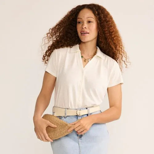Women's Linen Blend Short Sleeve Button Front Polo Top
