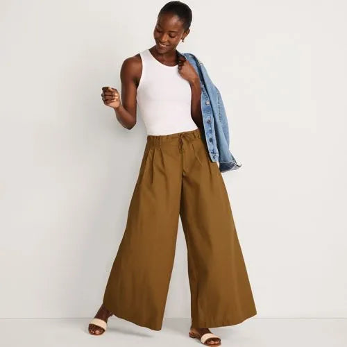 Women's Poplin Mid Rise Pleated Slouchy Pants