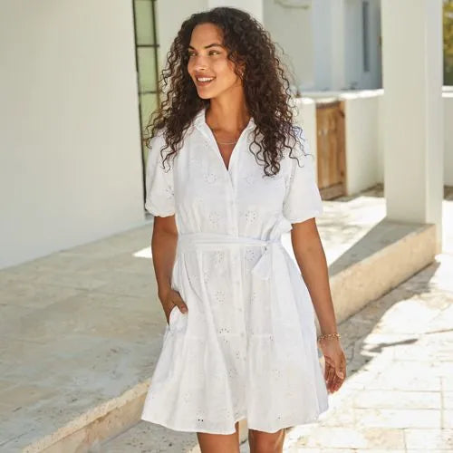 Women's Elbow Sleeve Eyelet Knee Length Shirt Dress