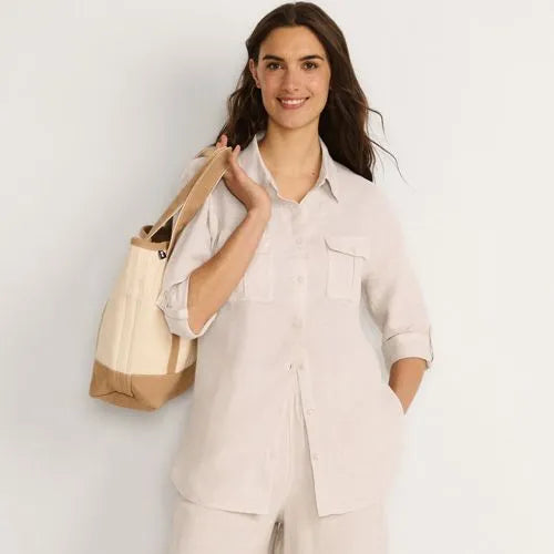 Women's Linen Roll Sleeve Relaxed Tunic Top