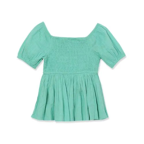 Girls Short Sleeve Smocked Woven Top