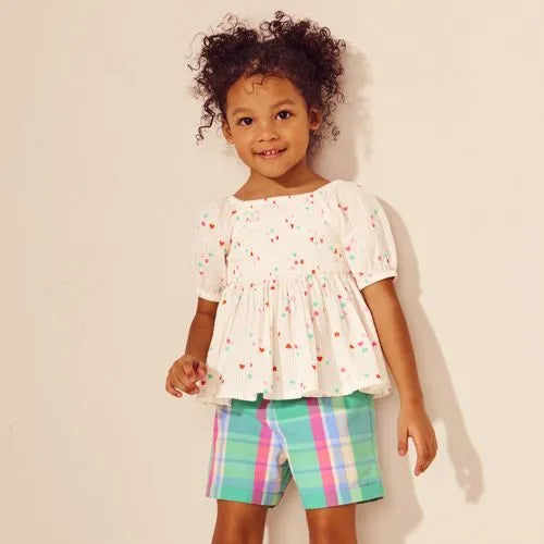 Girls Short Sleeve Smocked Woven Top