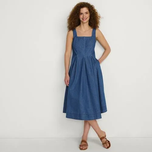 Women's Pleated Square Neck Light Weight Denim Midi Dress