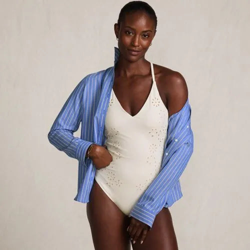 Women's Laser Cut Embroidered Plunge Tie Back Ultra High Leg One Piece Swimsuit