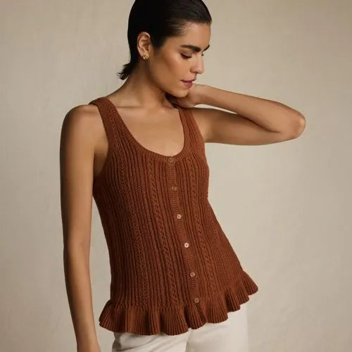 Women's Cotton Boucle Ruffle Hem Sleeveless Sweater
