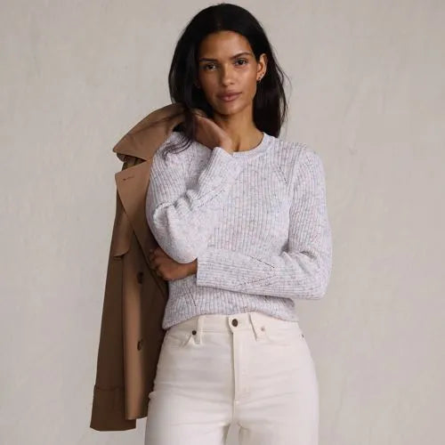 Women's Cotton Blend Marl Ribbed Crew Neck Sweater