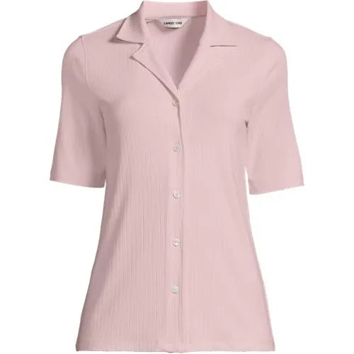 School Uniform Women's Drop Needle Rib Half Sleeve Button Front Top