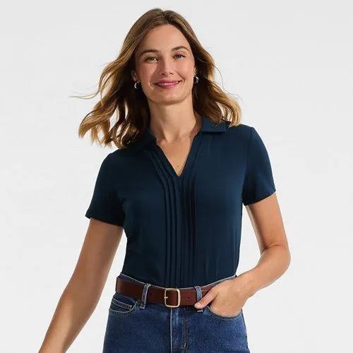 Women's Short Sleeve Lightweight Jersey Pintuck Open Collar Polo
