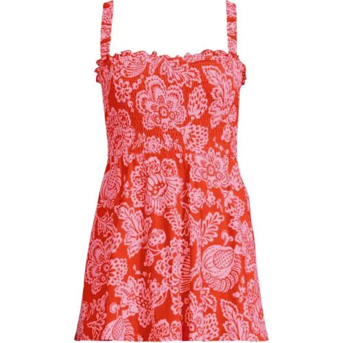 Womens Square Neck Smocked Mini Swim Dress