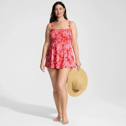 Womens Square Neck Smocked Mini Swim Dress