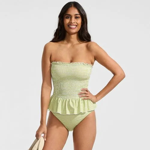 Women's Smocked Bandeau Peplum One Piece Swimsuit