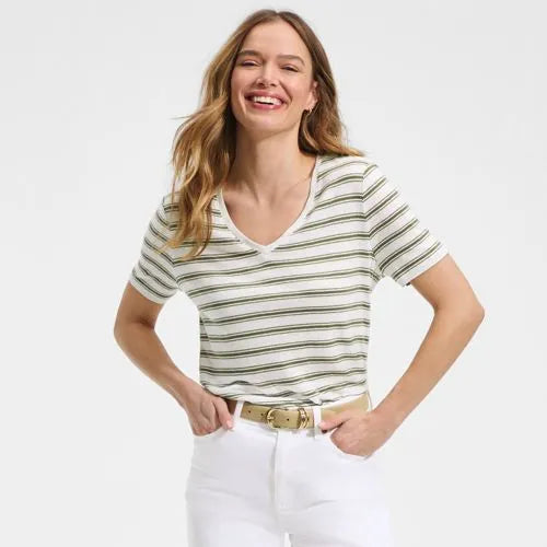 Women's Short Sleeve Linen Blend V-neck Tee