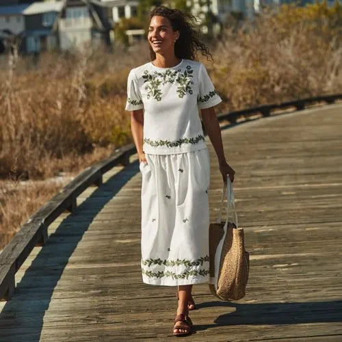 Women's Poplin Smocked Embroidered High Rise Midi Skirt