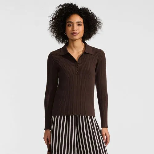 Women's Cotton Ribbed Long Sleeve Polo Sweater