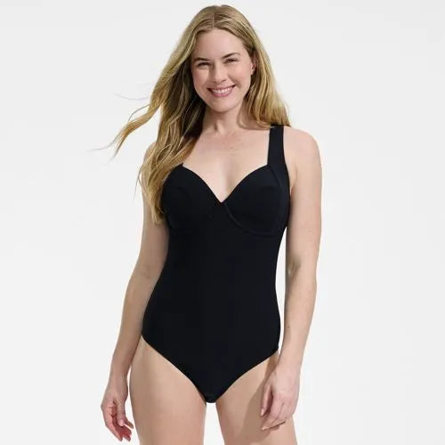 Womens Ottoman Rib Seamed Underwire Tie Back One Piece