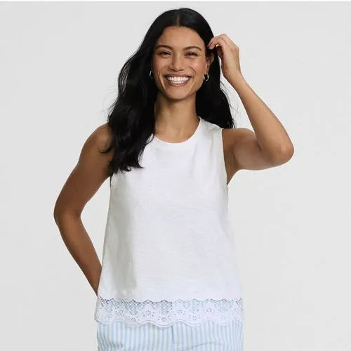 Women's Sleeveless Slub Crew Neck Lace Trim Tank Top