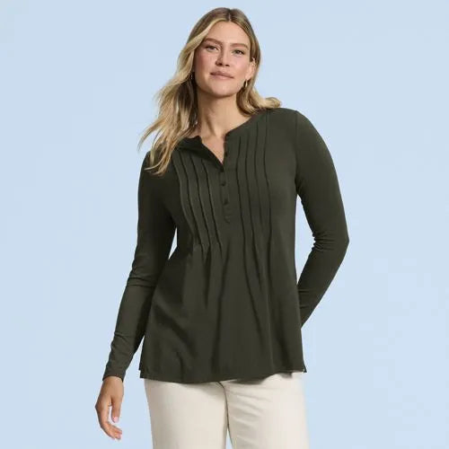 Womens Long Sleeve Lightweight Jersey Pintuck Button Tunic Blouse