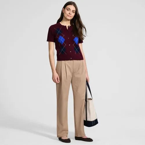 Women's Chino Mid Rise Pleated Relaxed Straight Leg Pants