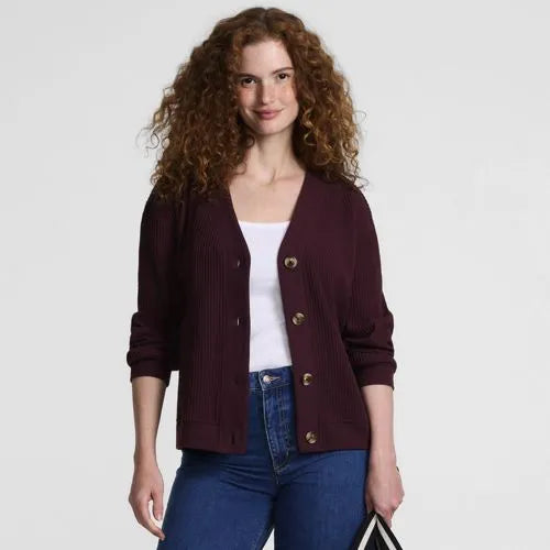 Women's Long Sleeve Waffle V-neck Cardigan