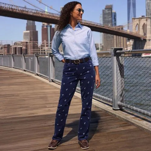 Women's Fine Wale Embroidery Corduroy High Rise Straight Leg Pants