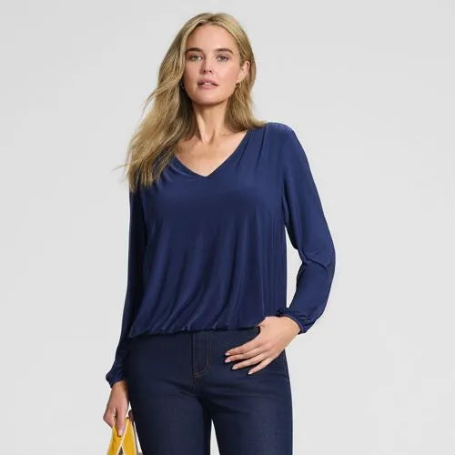 Women's Long Sleeve Silky Knit V-Neck Blouson Top