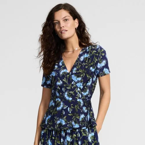 Women's Short Sleeve Silky Knit Wrap Blouse