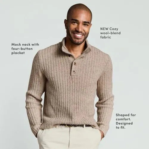 Men's Long Sleeve Cotton Wool Button Up Mock Sweater