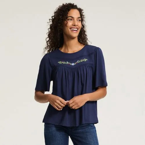 Women's Elbow Sleeve Slub Jersey Embroidered Yoke Pintuck Blouse