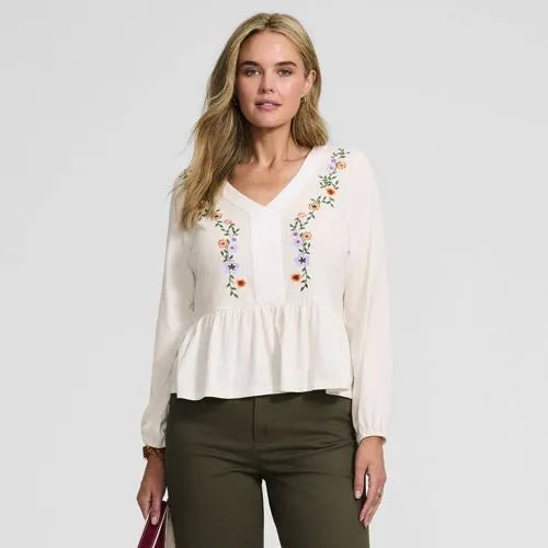 Women's Long Sleeve Slub Jersey V-Neck Embroidered Tiered Blouse