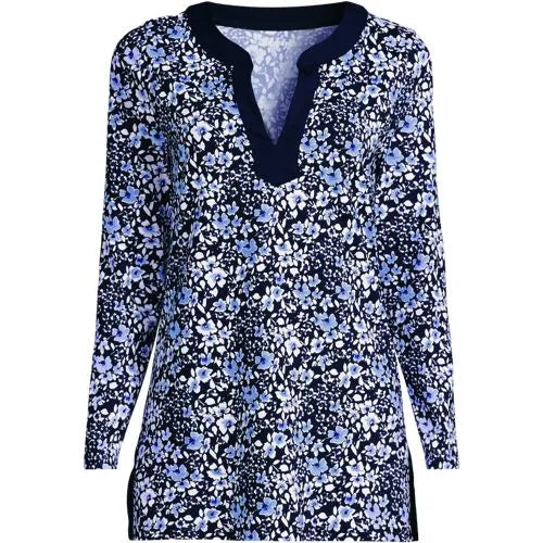 Womens SunShade UPF50 Quickdry Long Sleeve Notched Collar Tunic Swim Cover-up