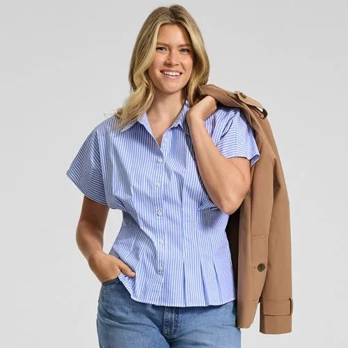 Women's Stretch Poplin Dolman Sleeve Pleated Front Top