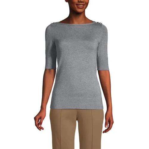 Women Cotton Modal Button Shoulder Boatneck Sweater