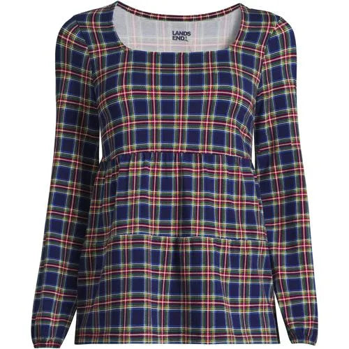 Women's Long Sleeve Light Weight Jersey Square Neck Tiered Top