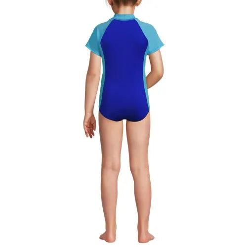 Girls Chlorine Resistant Short Sleeve One Piece Half Zip Swimsuit