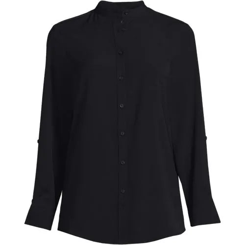 Women's Poly Crepe Long Sleeve Stand Collar Button Down Blouse