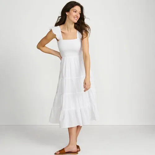 Women's Petite Cotton Dobby Smocked Dress with Ruffle Straps
