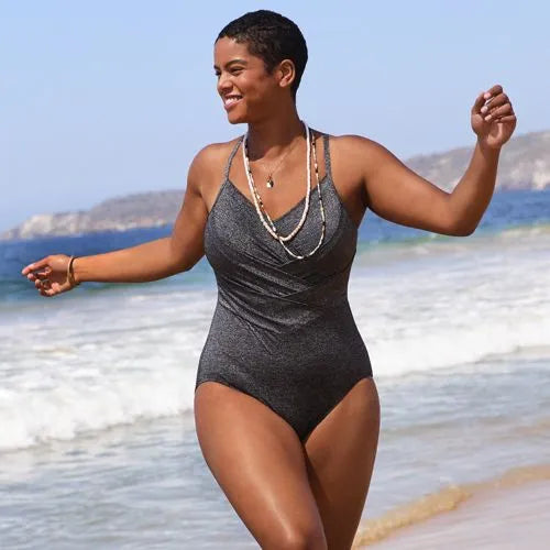 Women's SlenderSuit Shine Pleated Tummy Control Chlorine Resistant X-back One Piece Swimsuit