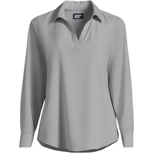 School Uniform Women's Long Sleeve Polo Collar Popover Crepe Blouse