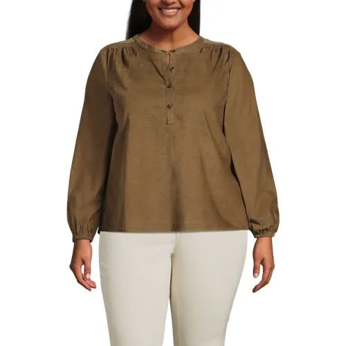 Women's Plus Size Pinwale Cord Smocked Popover Shirt