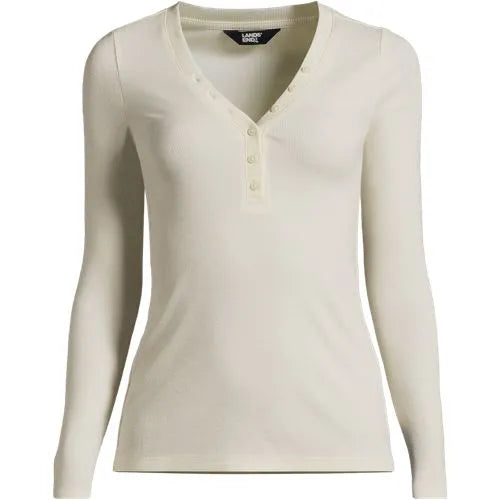Women's Petite Drapey Rib Skimming Long Sleeve Henley T-Shirt