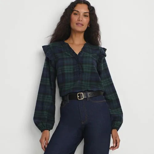 Women's Ruffle Front Flannel Popover Blouse